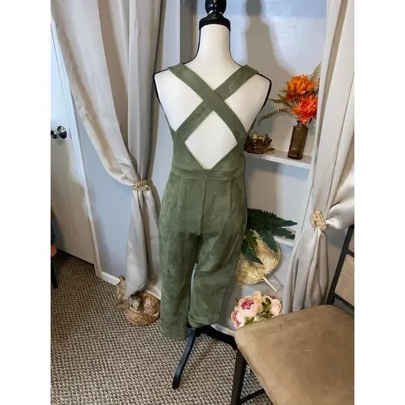 bebe GUC size Large Front Zip Velvet Like Feel Olive Green Jumpsuit - Picture 9 of 12